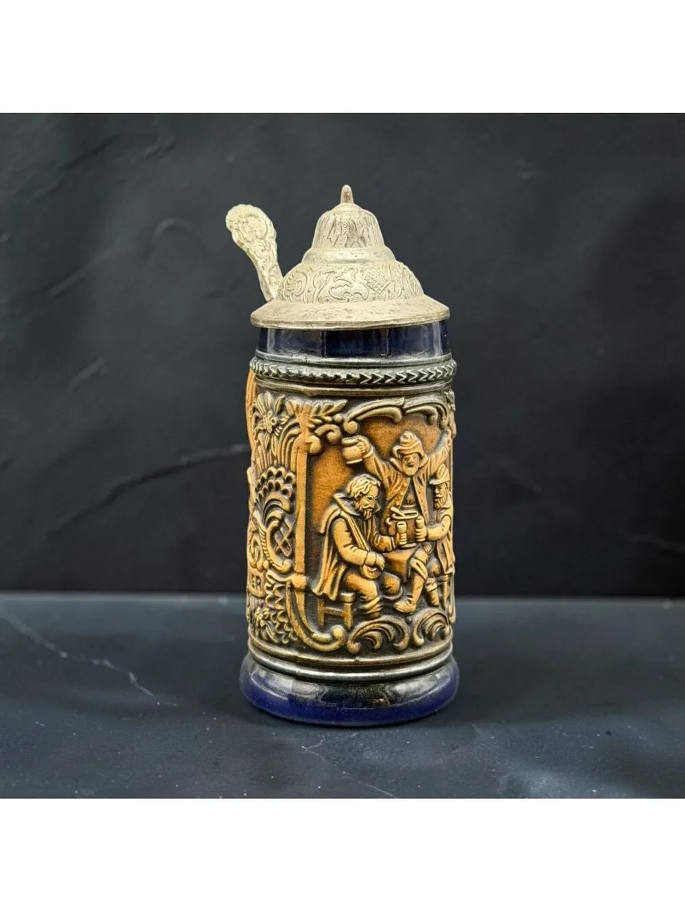 Vintage Gerz West Germany Beer Stein Metal Lid Cobalt Blue Relief Tankard 7